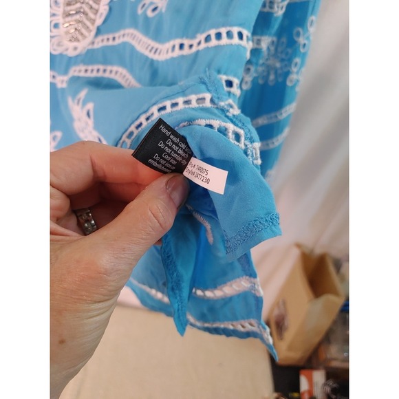 Boston Proper Blue Boho Blouse Size M Top Beaded Embroidery Peasant - Picture 7 of 15